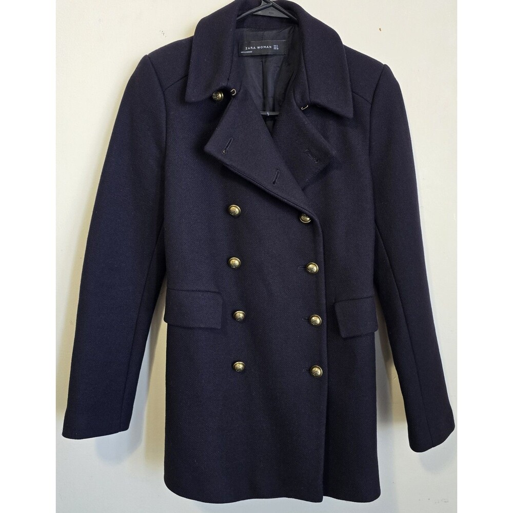 ZARA Coat Black Double Breasted Military Wool Blend Jacket Womens Small